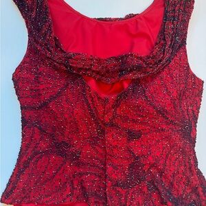 100% pure silk shell . Beaded embroidered red tunic by Cecily Brown size M